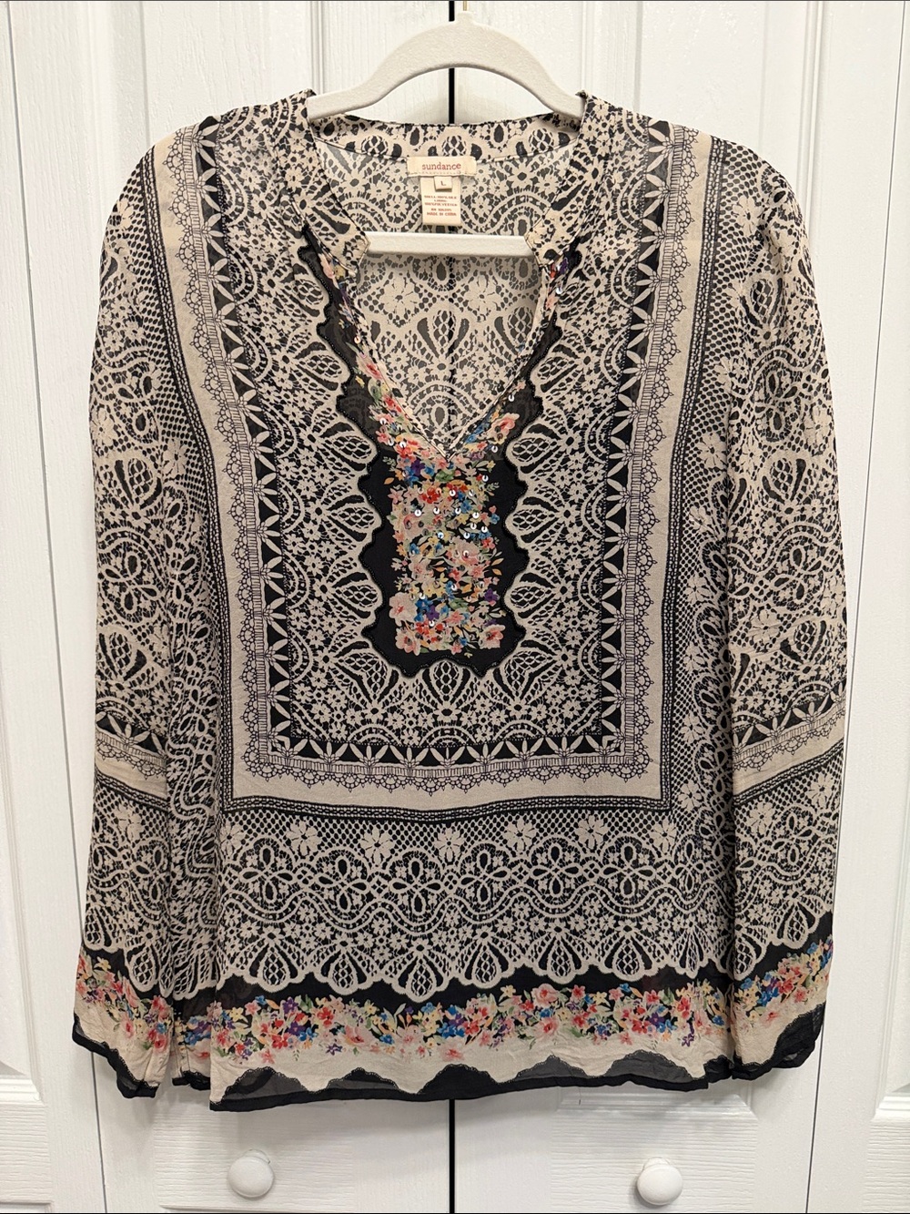 Sundance 100% Silk Bead Embellished Floral Boho Tunic Blouse Black Cream Size L